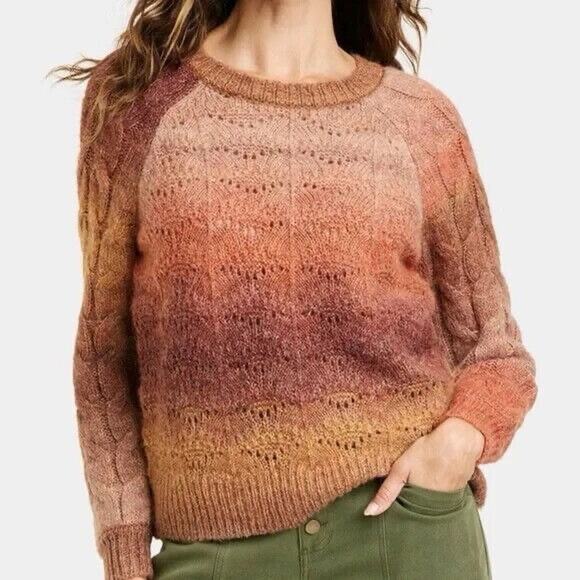 Knox Rose Pointelle Sweater Womens L Earth Tones Wool Blend Ombre Fall Harvest - Picture 1 of 8